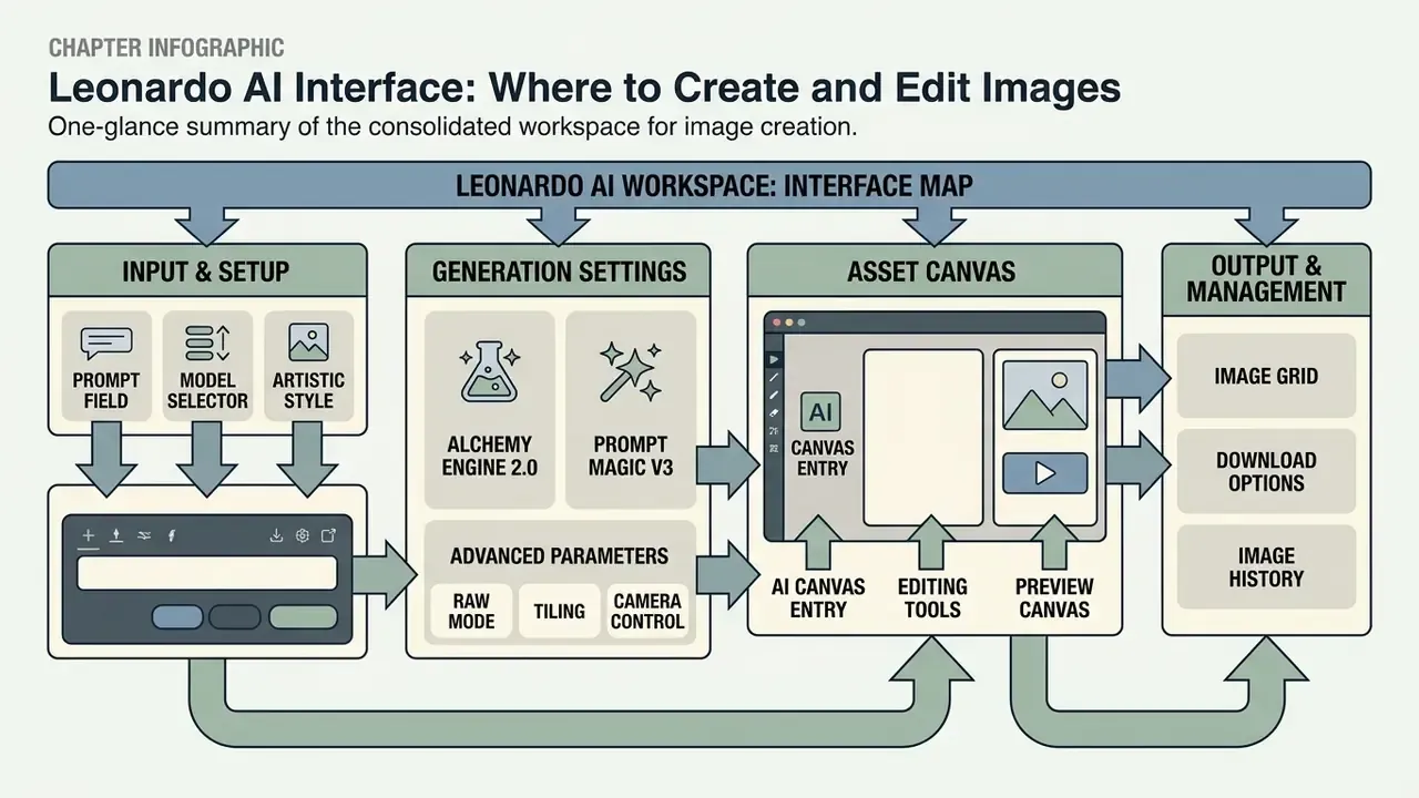 Diagram mapping the Leonardo AI workspace from input and generation settings to the asset canvas and output