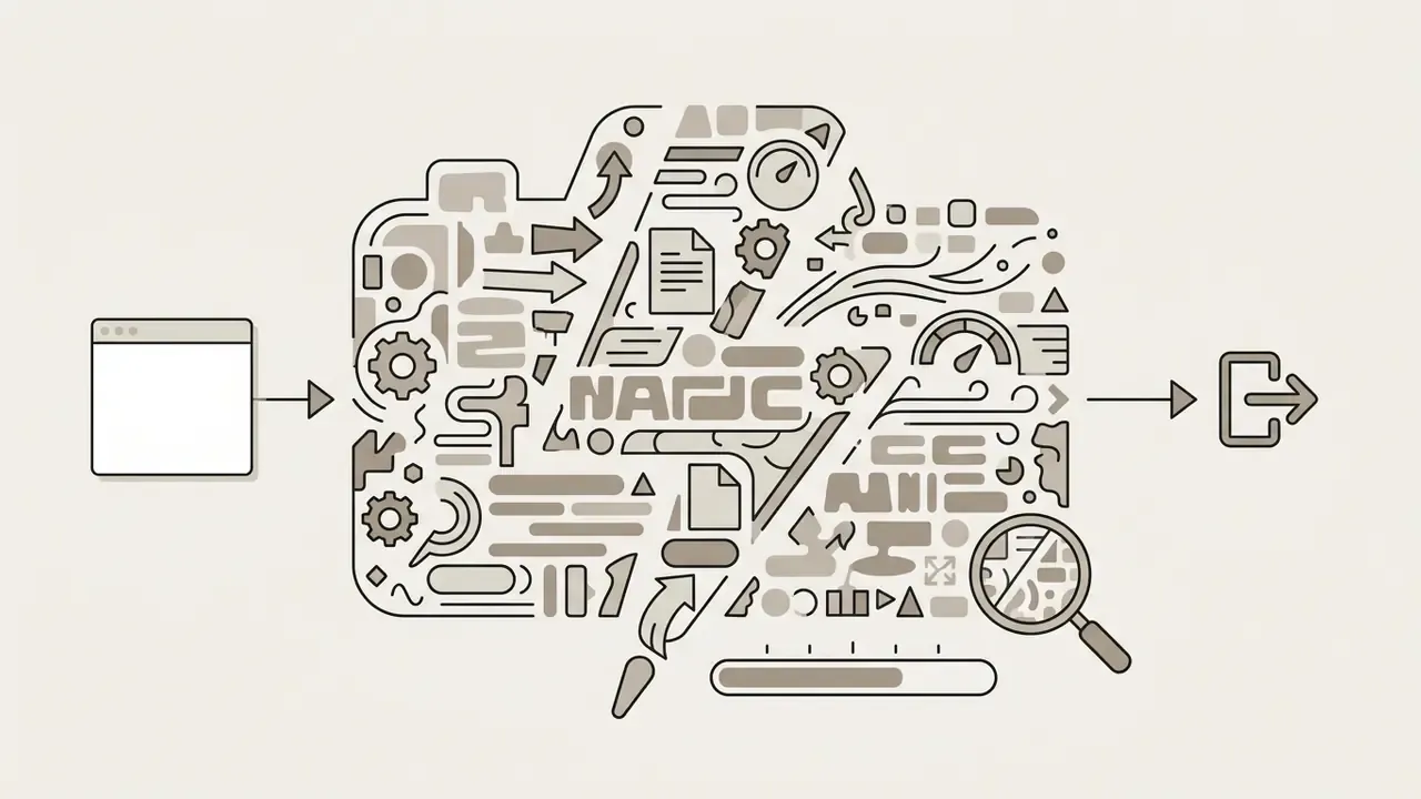 Web window feeding data into a camera silhouette filled with gears, documents, and gauges for export