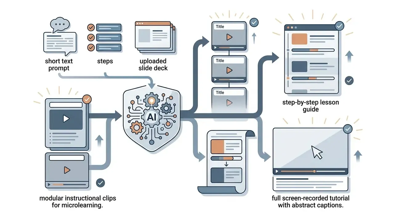 Workflow showing text prompts and slide decks processed by AI into modular clips and lesson guides
