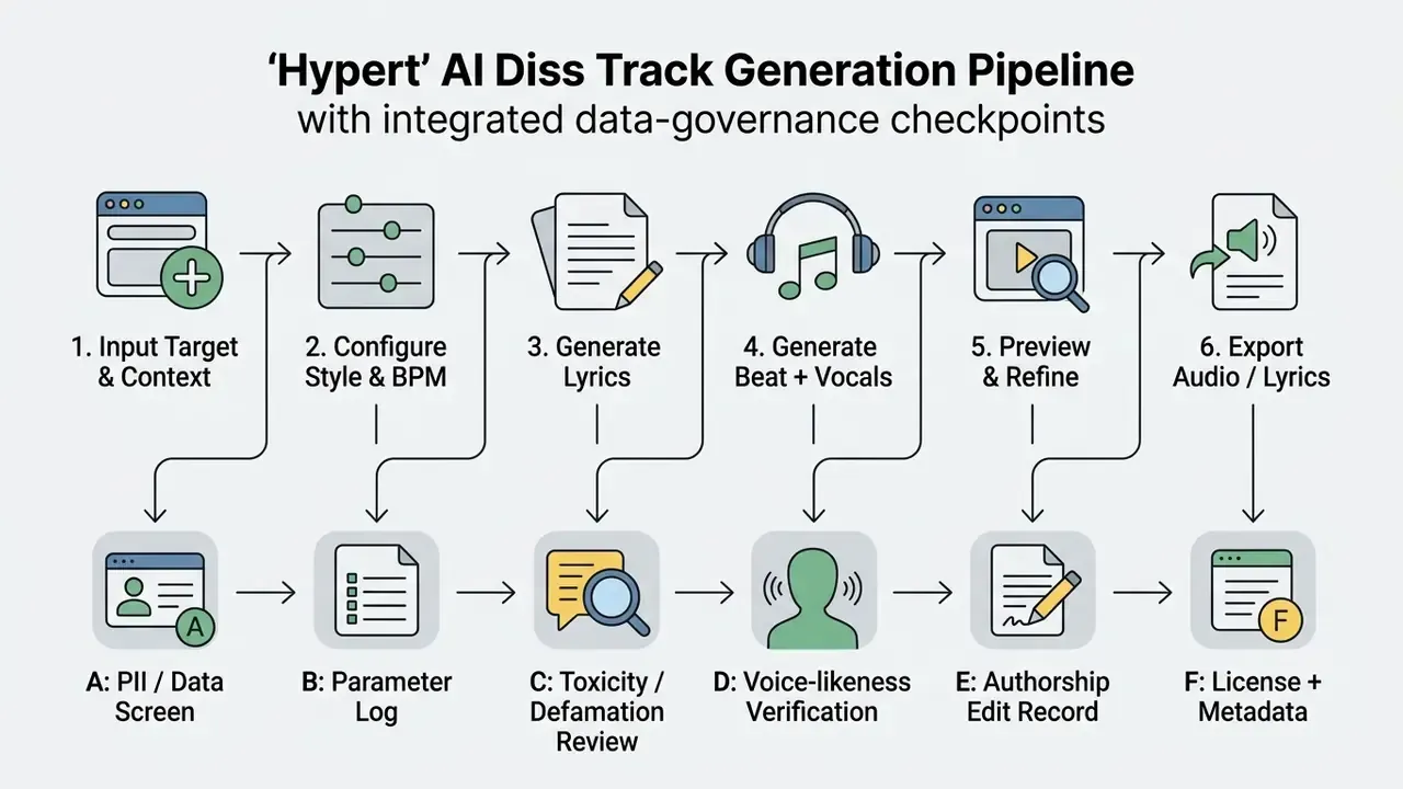 Six-step production process flow with corresponding data governance checkpoints for audio development