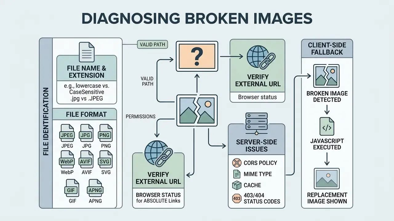 Infographic outlining steps to troubleshoot broken images by checking file names, formats, and server status