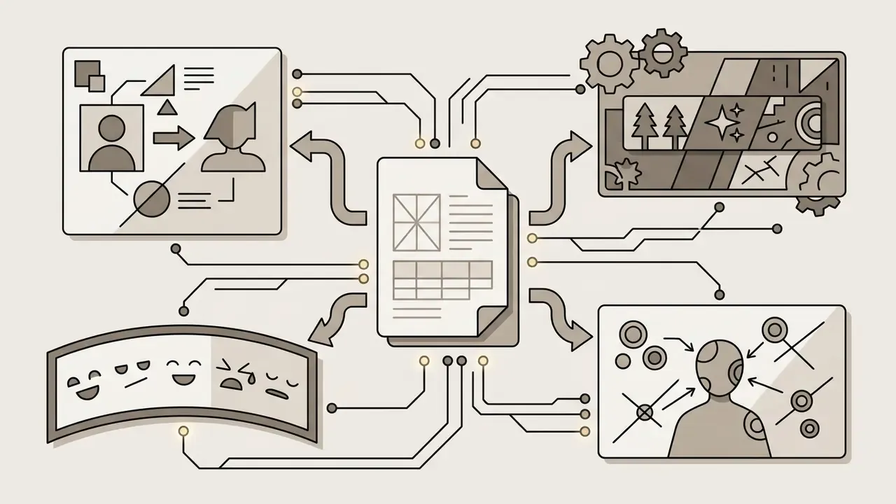 Central document icon connected by circuit lines to character transformations, facial expressions, and scenes