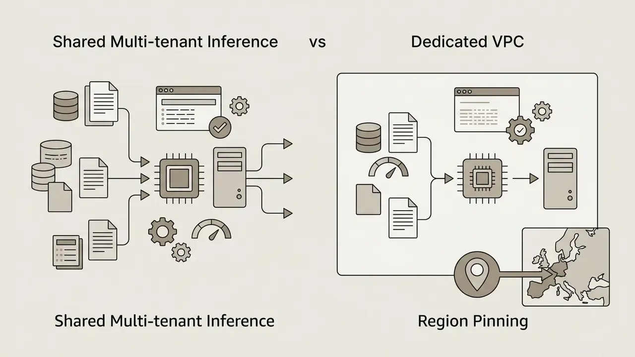 Side by side view of shared multi-tenant inference and dedicated VPC architecture with region pinning