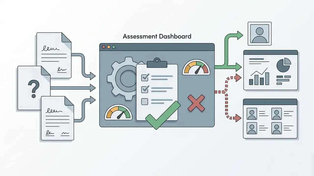 Flowchart showing documents being processed through an assessment dashboard into data and user reports