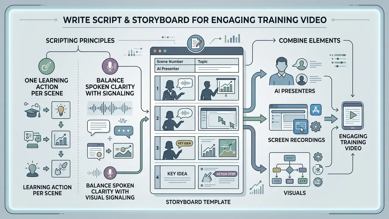 Infographic showing scripting principles and a storyboard template for creating training videos