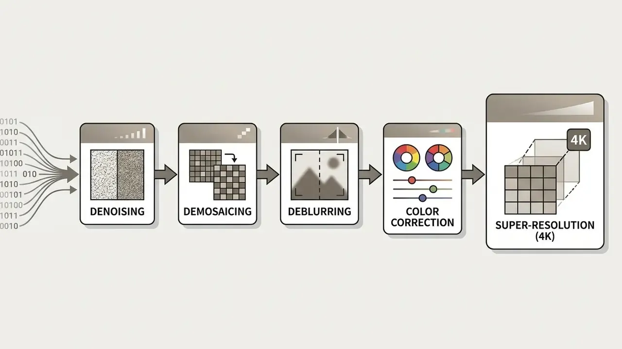 Flowchart showing a sequential image processing pipeline from denoising to 4K super-resolution