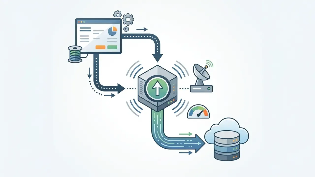 Data flow diagram showing a central hub receiving information from a dashboard and sending it to the cloud
