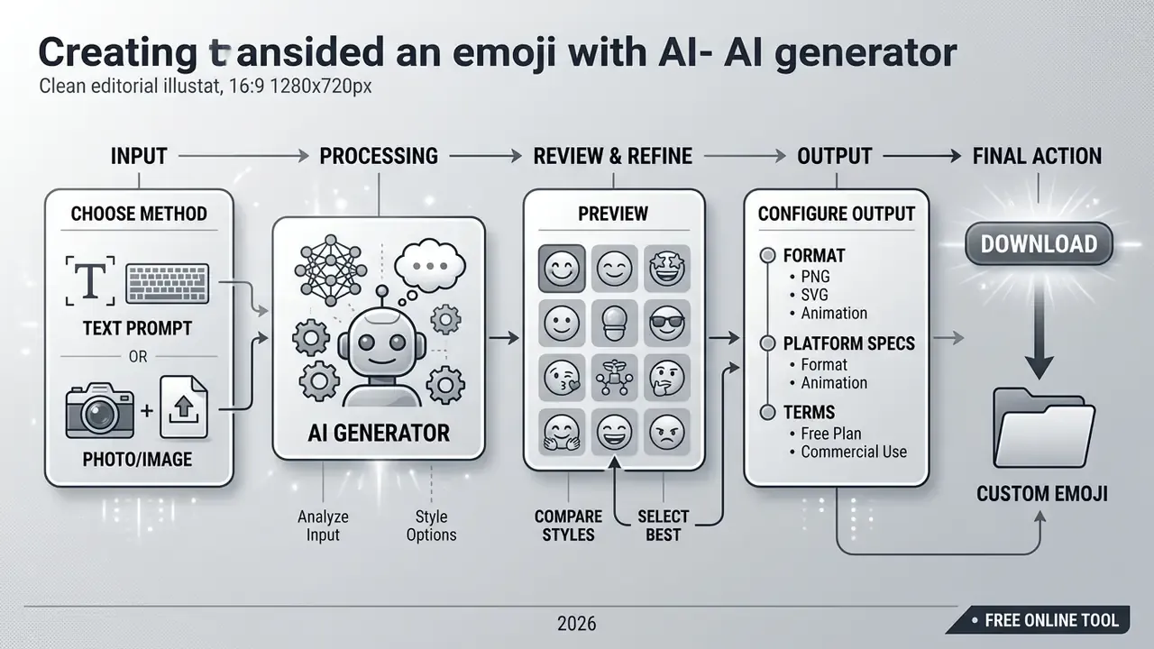 Diagram showing the stages of using an ai emoji generator from input to final download