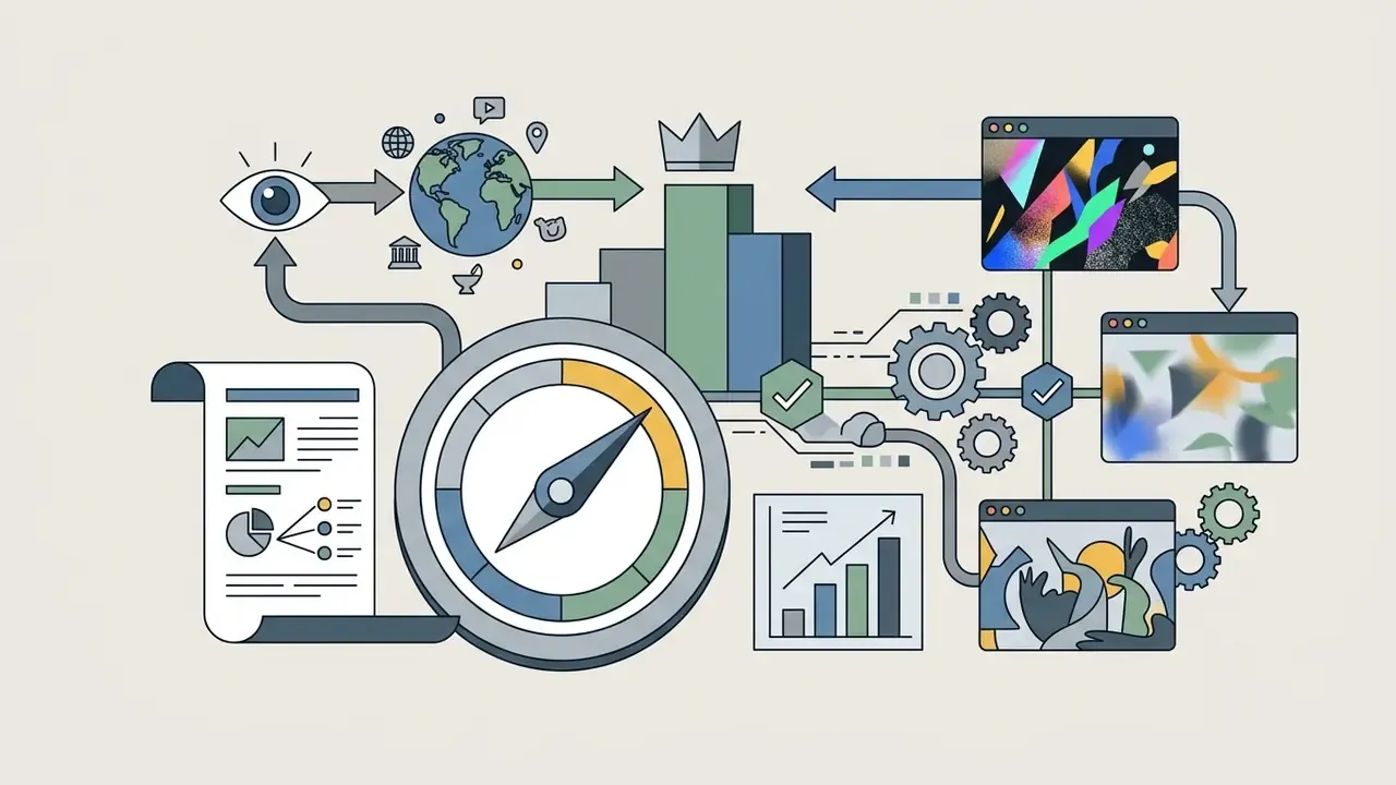 Compass and document icons connecting to bar charts and digital windows for AI video generation analysis