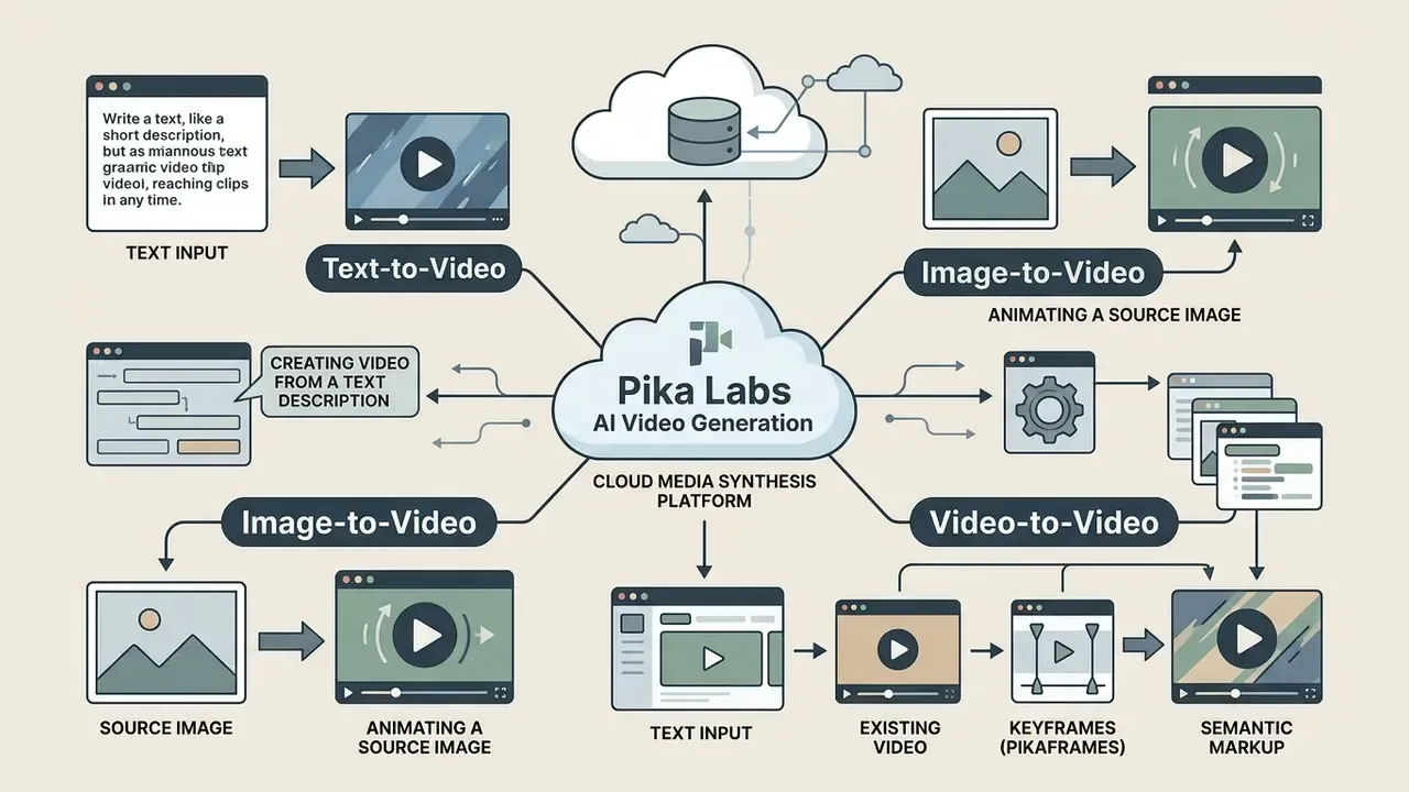 Diagram showing Pika Labs AI video generation workflows for text, image, and video inputs