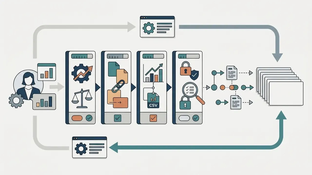 User workflow showing four sequential gates for verifying data inputs and audit trails in AI presentation generator tools