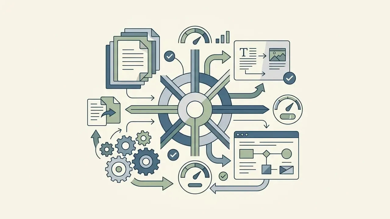 Documents and gears routing through a central hub to generate text, image, and data flow layouts