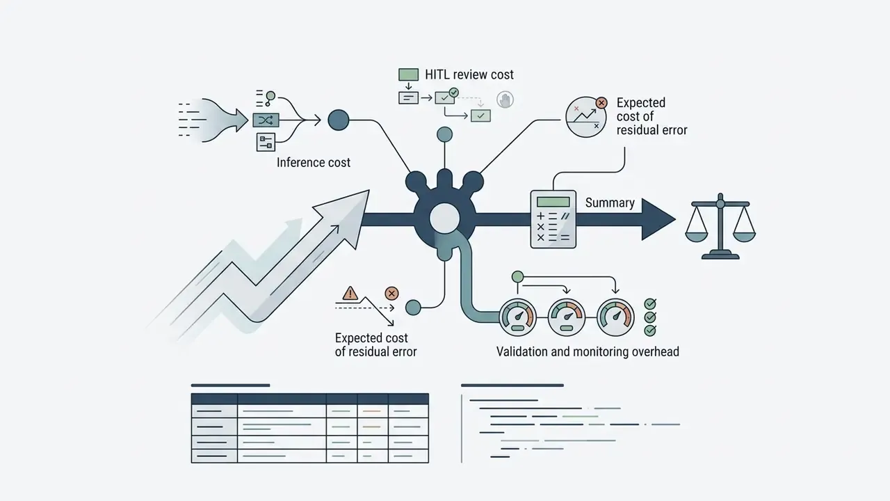 Central hub connecting inference, review, and error costs to a calculator and a balance scale