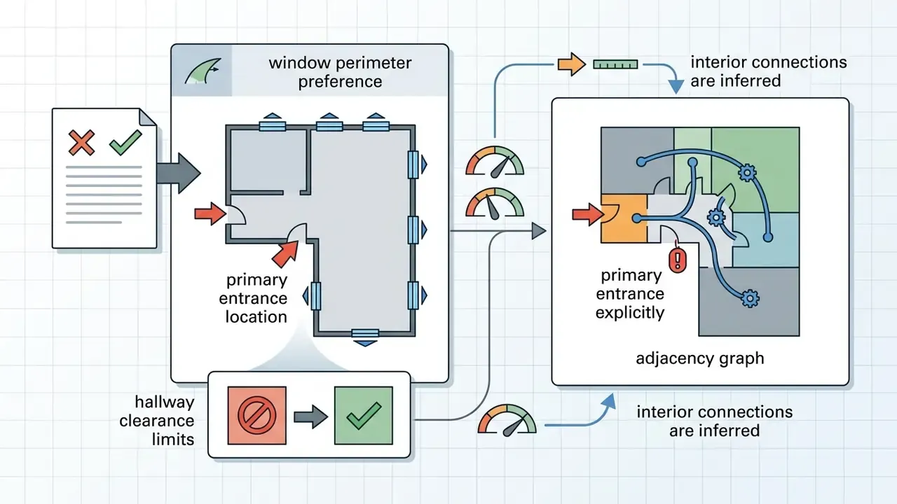 Document input processing window perimeters and entrance locations into a room adjacency graph
