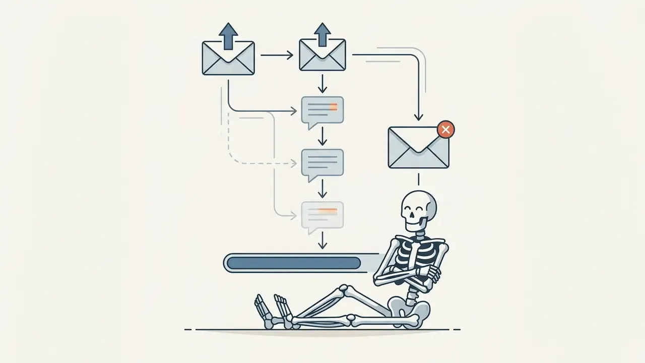 Skeleton sitting with crossed arms under a process flow of sent emails and pending message bubbles
