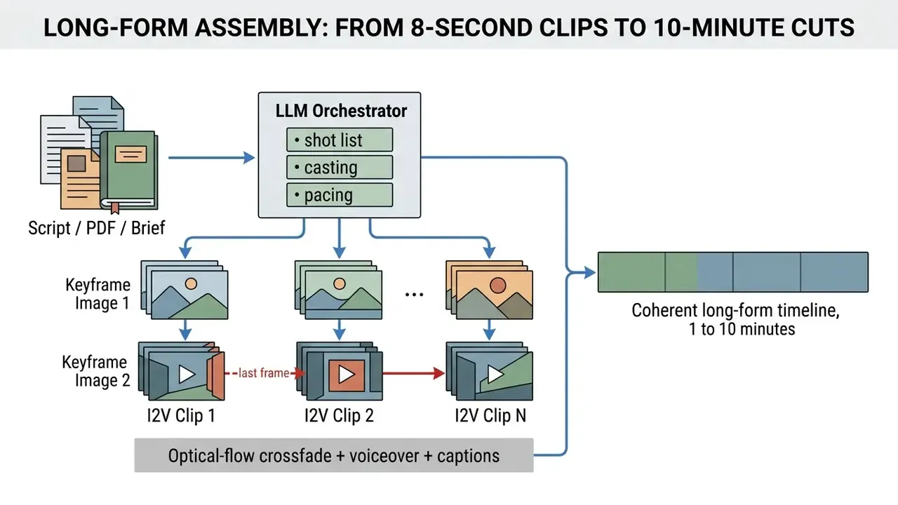 Workflow diagram showing an LLM orchestrating keyframe generation and I2V clips into a long-form timeline