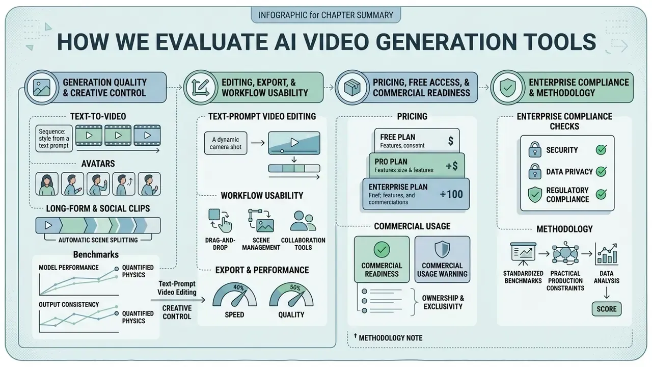 Flowchart detailing criteria for assessing the best AI video generator including quality and compliance