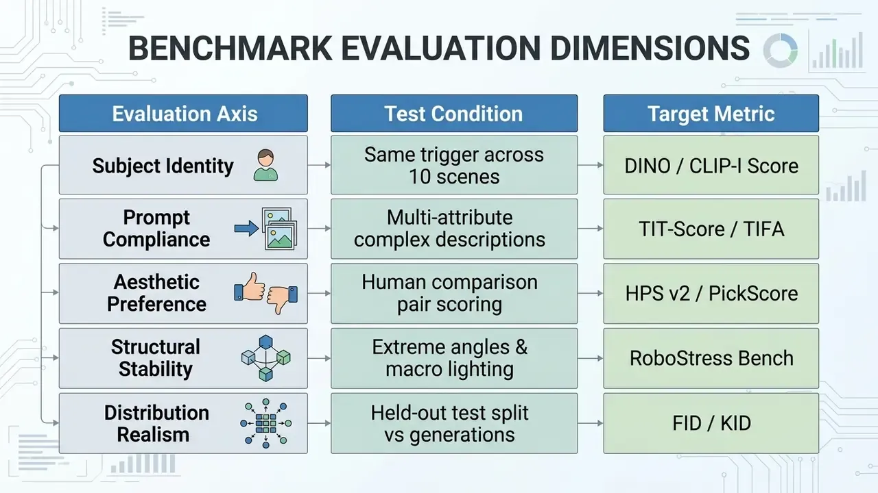 Table mapping evaluation axes and test conditions to specific target metrics for model performance