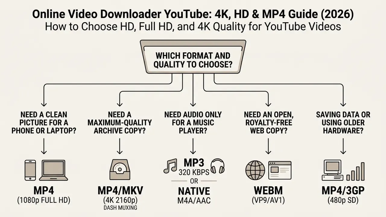 Decision tree mapping user needs to recommended video and audio file formats and quality settings