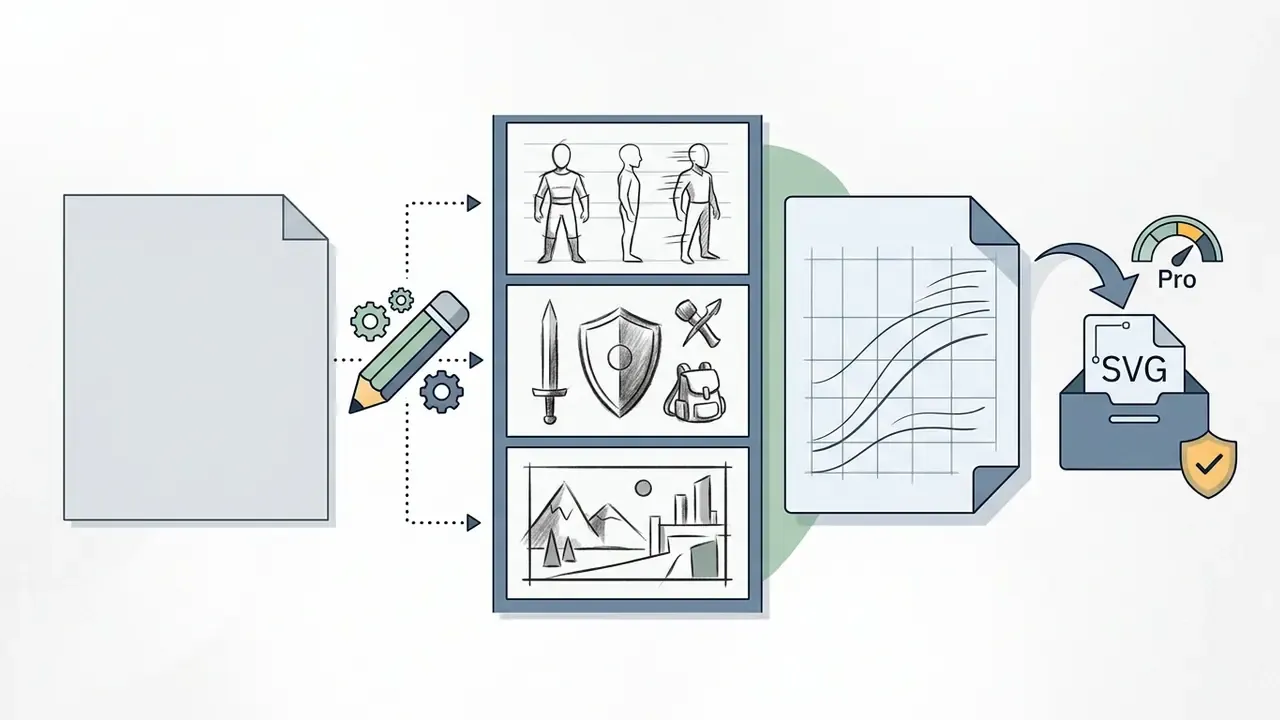 Pencil and gears processing a blank page into character, prop, and environment sketches for SVG export