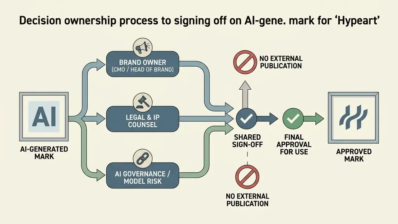 Flowchart showing the approval process for an AI-generated logo by brand, legal, and governance teams