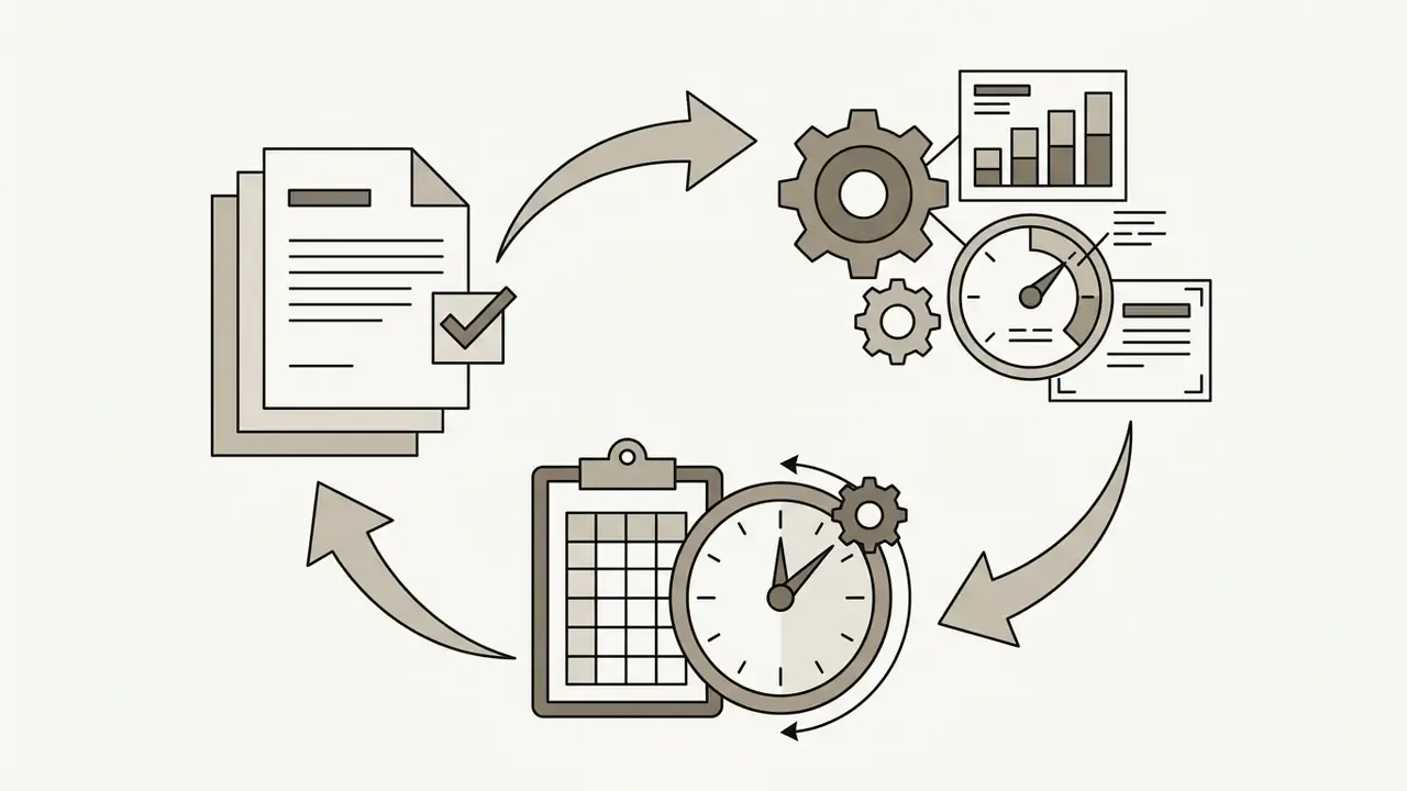 Cycle of documents being processed by gears into performance charts and scheduled for recurring review