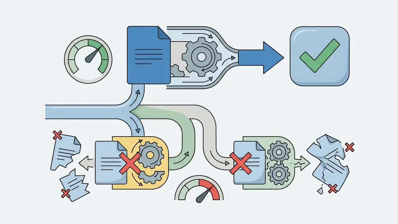 Data streams flowing through gears into filtered outcomes marked by checkmarks or red X symbols