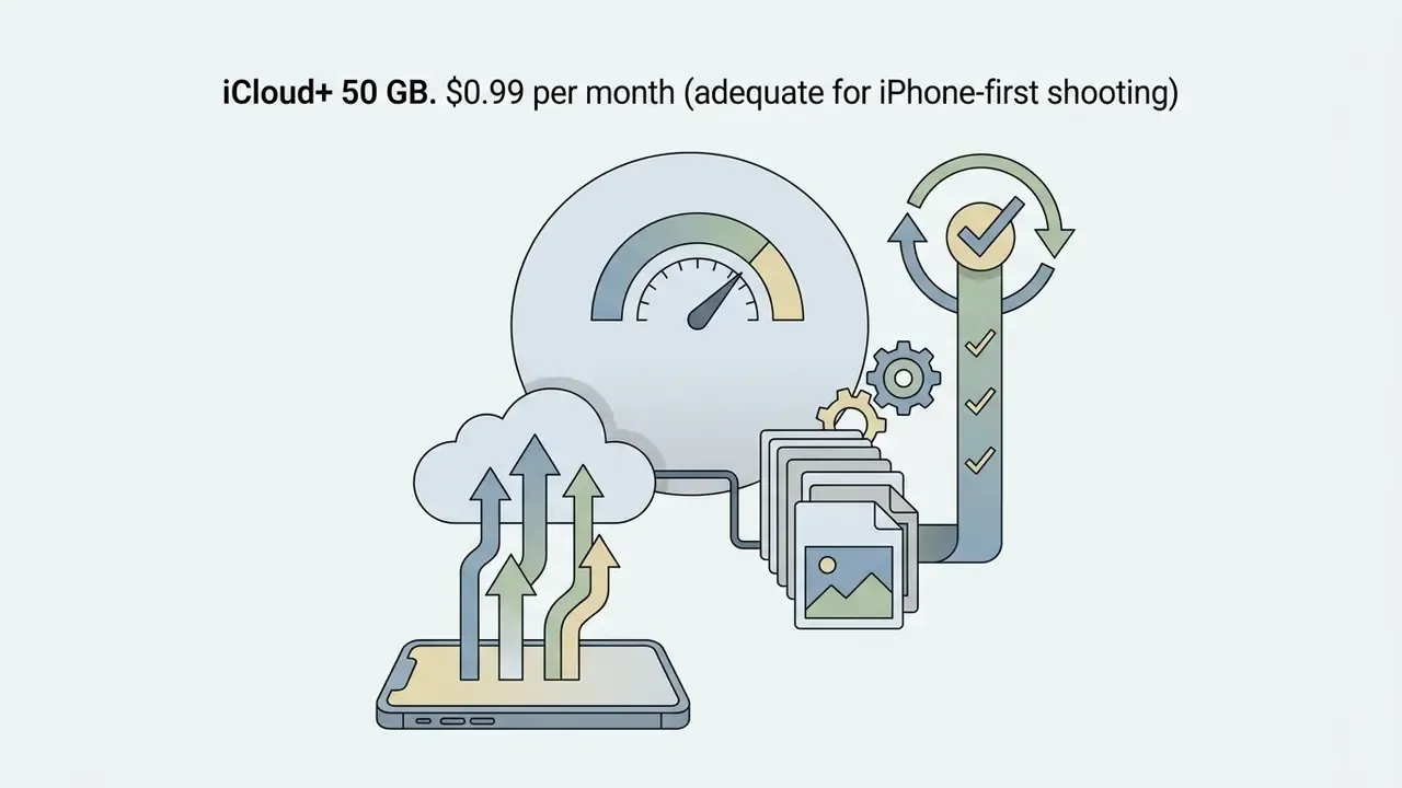 Smartphone uploading photos to cloud storage with a speed gauge and a task completion checklist