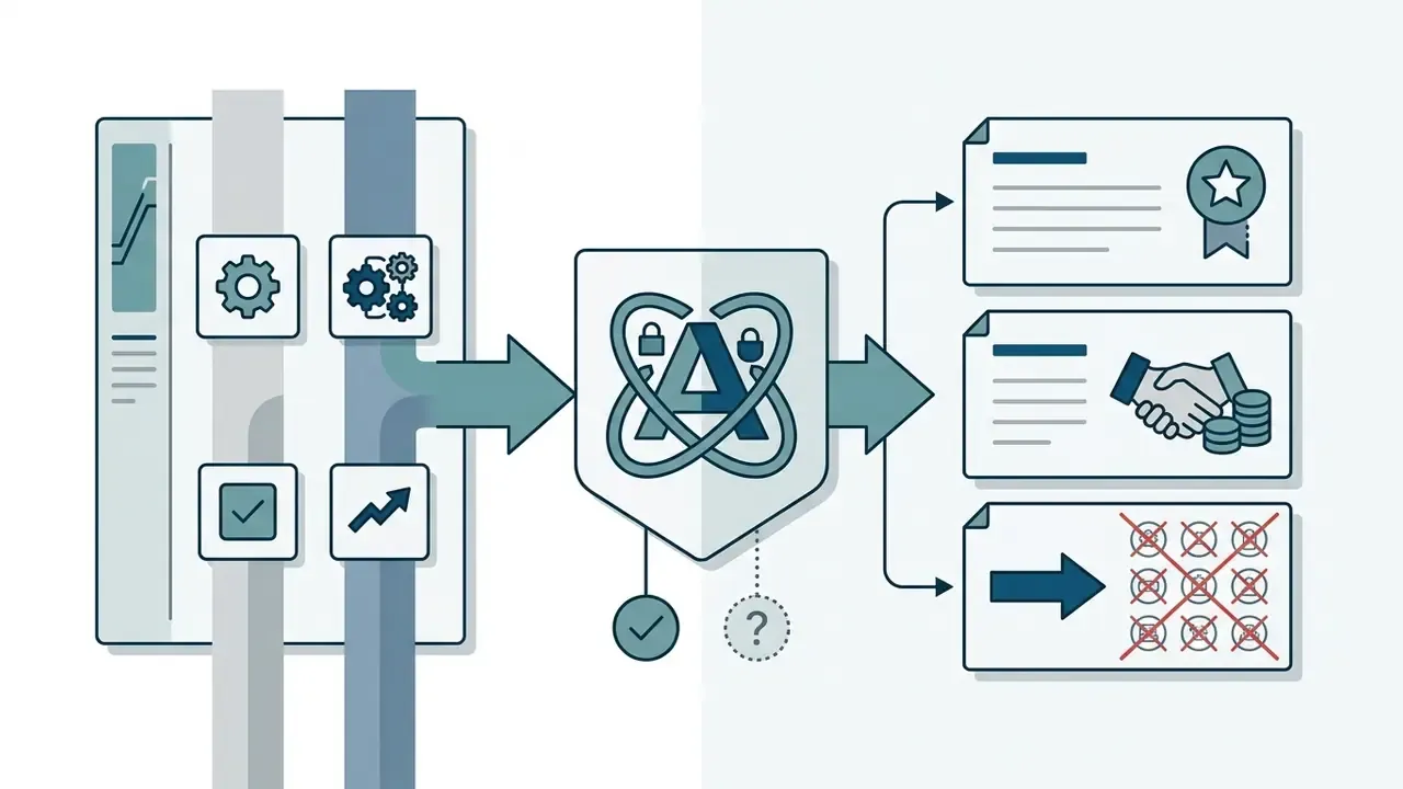 Icons of gears and checklists flowing into a central shield to produce licensing and exclusivity options