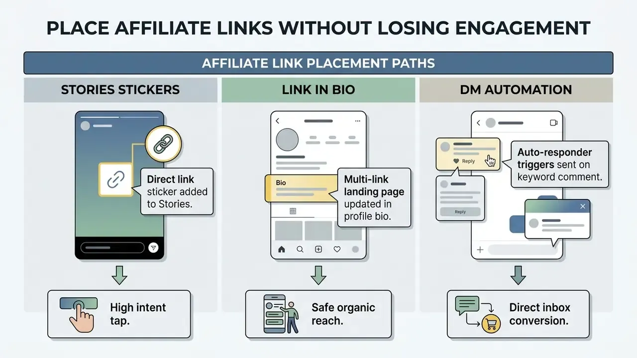 Three columns showing Instagram affiliate link methods via story stickers, profile bios, and DM automation