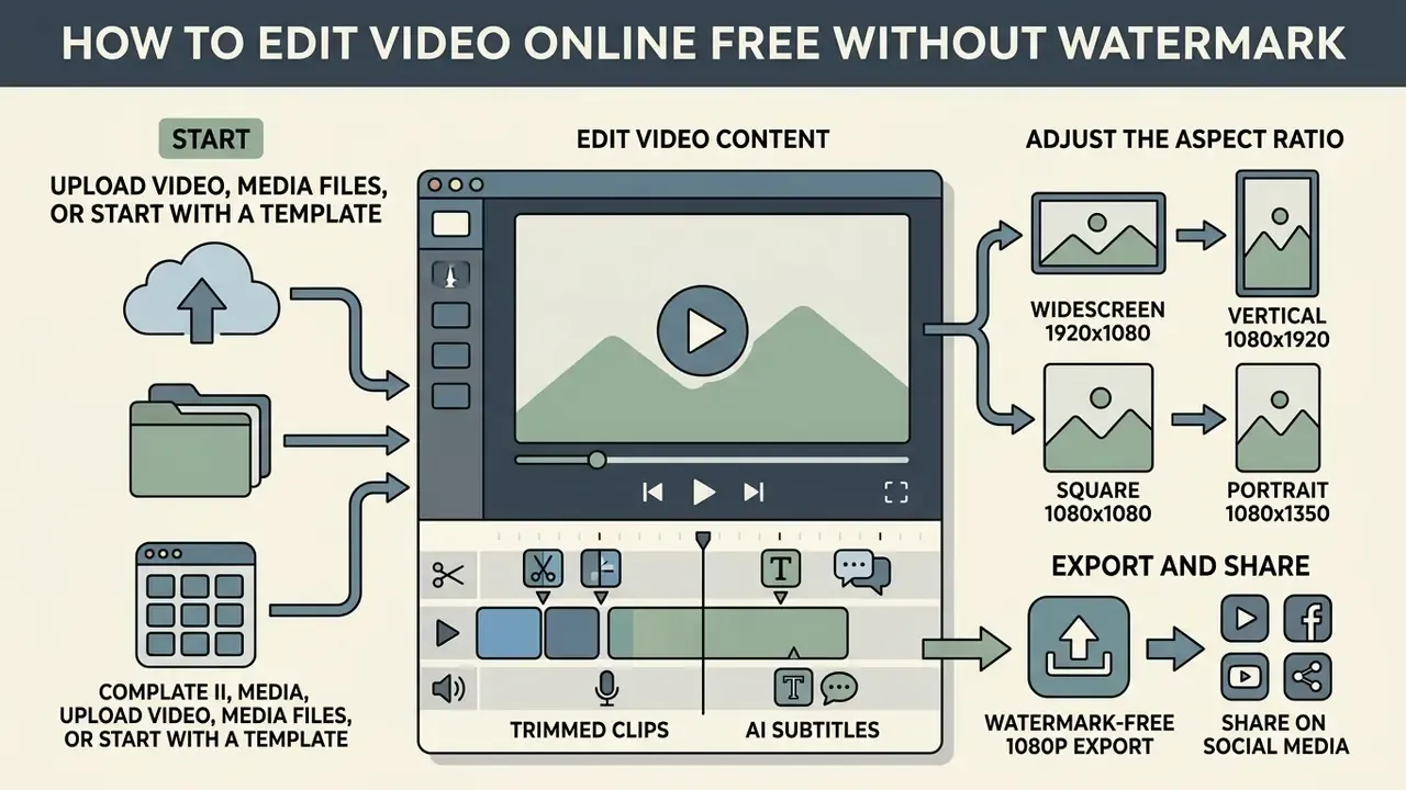 Workflow showing how to edit video online free without watermark by uploading files, adjusting aspect ratios, and exporting