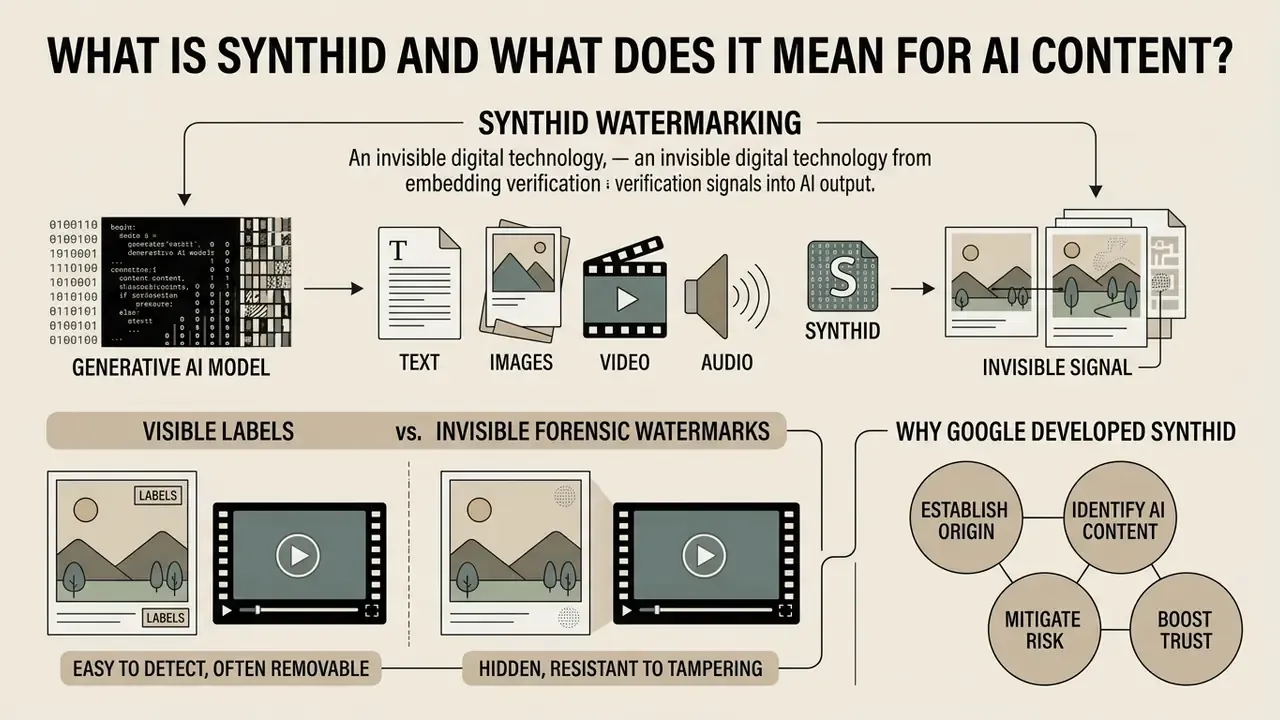 Infographic showing how SynthID embeds invisible digital watermarks into AI-generated text, images, and video