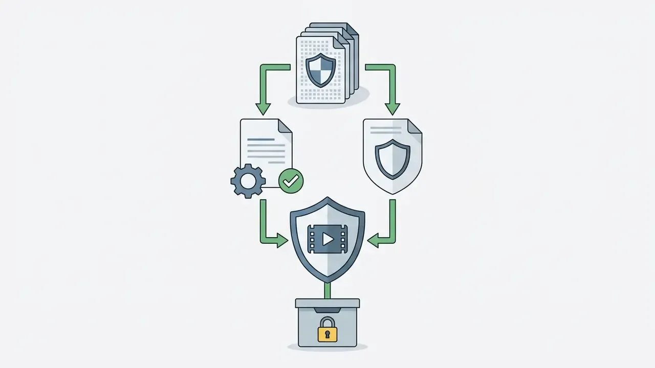 Documents and shields with video icons converging into a secure locked container