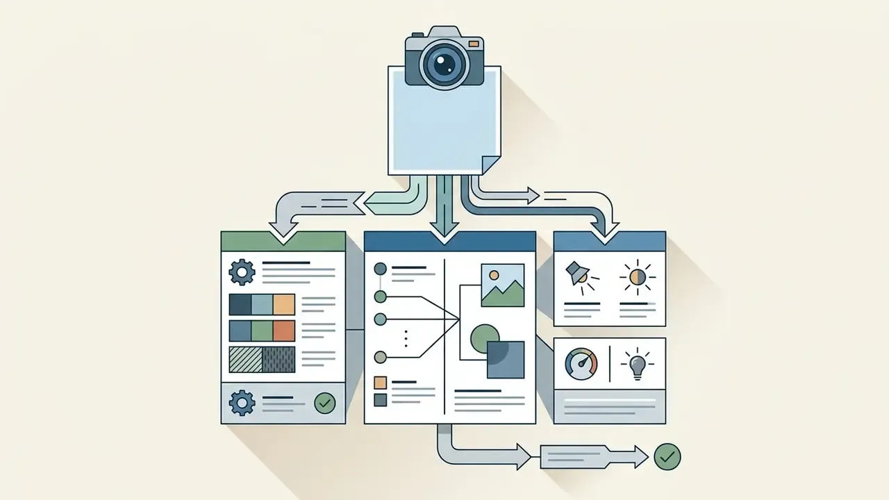 Camera capturing a document that branches into modules for analyzing visual elements and lighting
