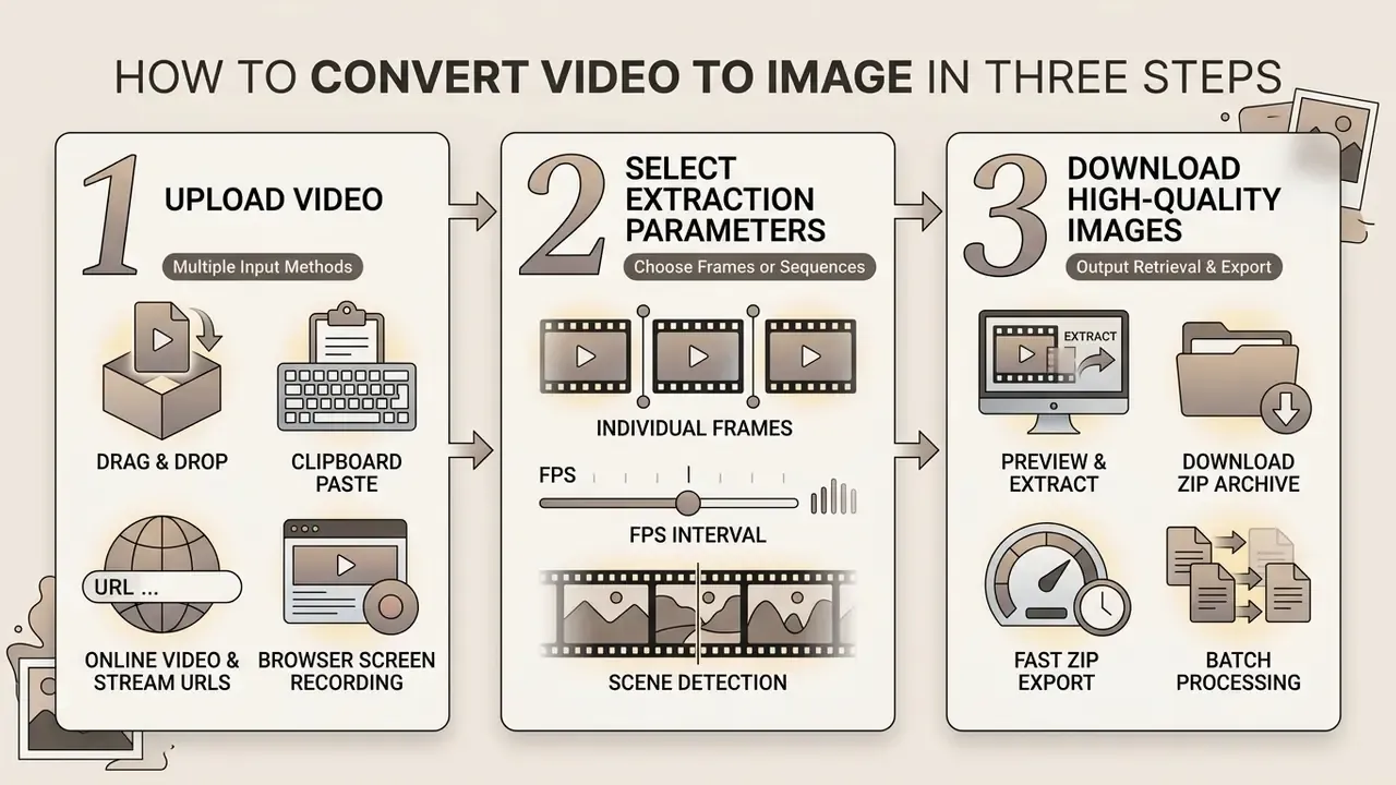 Three-step workflow infographic showing file upload, parameter selection, and final output retrieval
