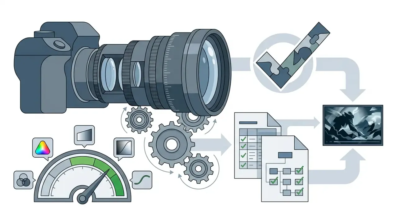 Camera lens connected to gear mechanisms, quality gauges, and validation documents for AI video generation