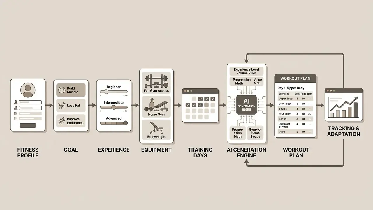 Diagram showing steps from fitness profile and goals to engine output, plan creation, and tracking