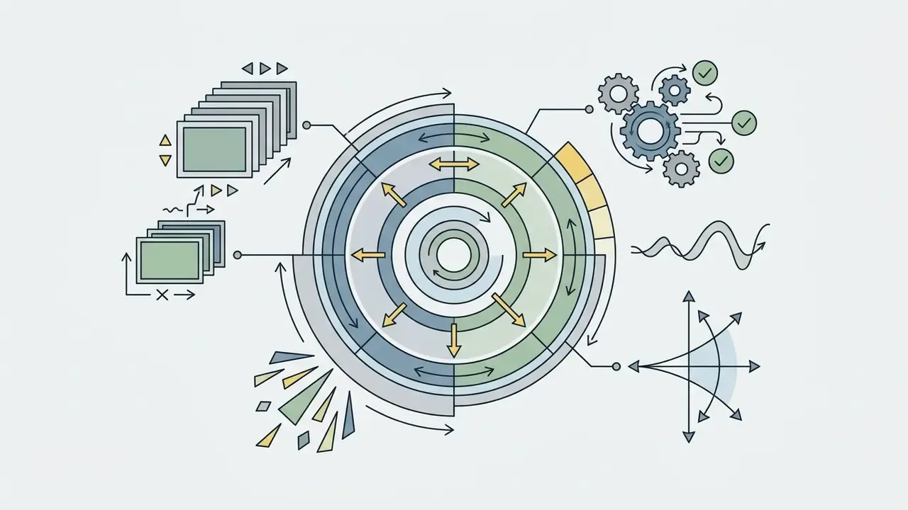 Concentric circles and gear mechanisms adjusting frame rates and camera movement vectors for animation