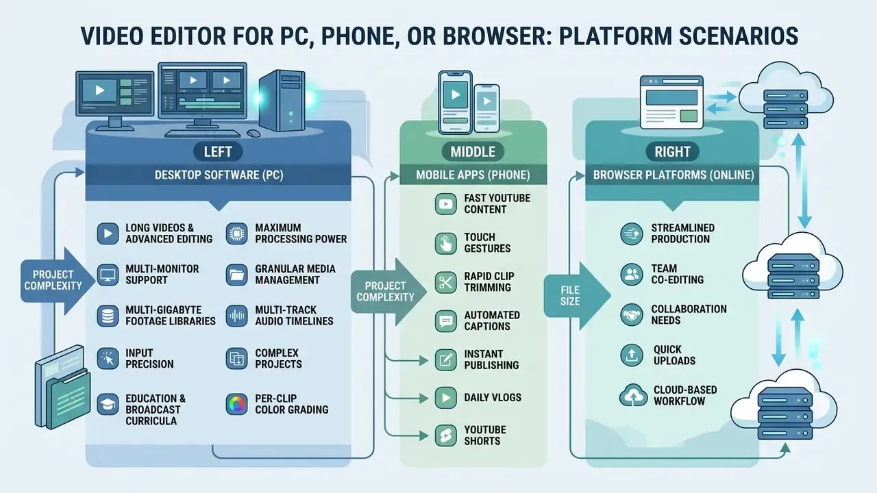 Comparison of desktop software, mobile apps, and browser platforms for choosing apps to edit YouTube videos