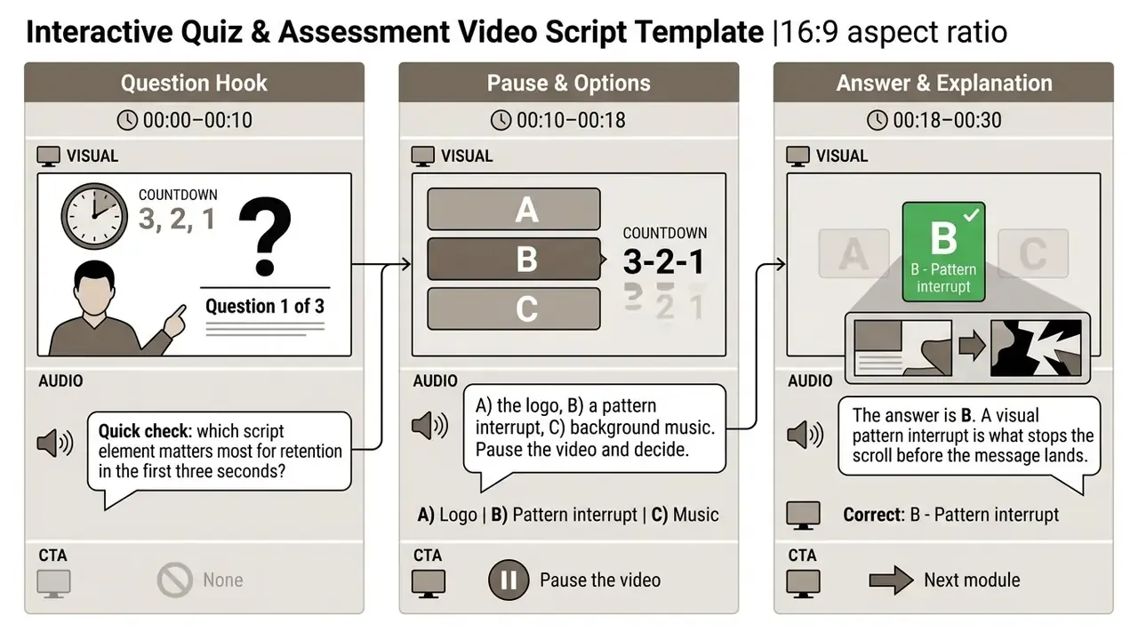 Sequential panels showing presenter visuals, audio narration, and timing for a quiz video