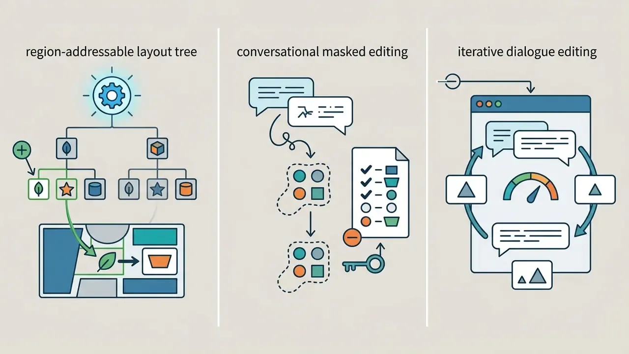 Three distinct methods for image editing shown as a layout tree, masked editing, and iterative dialogue