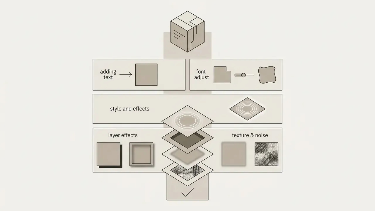 Diagram showing the progression from adding text and adjusting fonts to applying layered stylistic effects