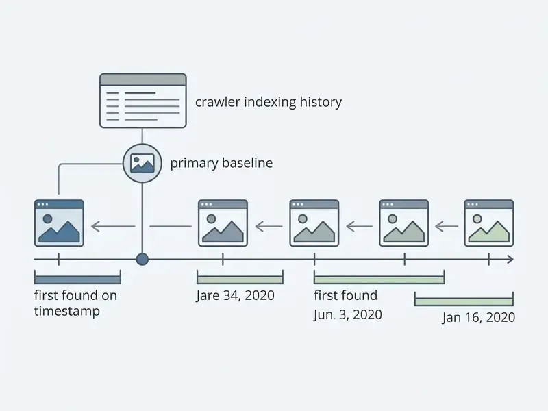 Timeline diagram showing crawler indexing history and timestamps to establish chronological priority