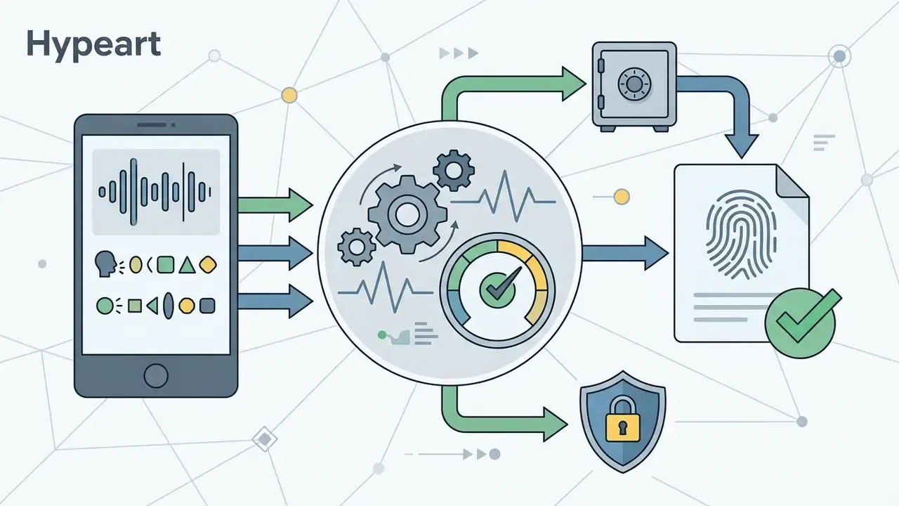 Smartphone recording audio data flowing into a processing circle toward a secure fingerprint document