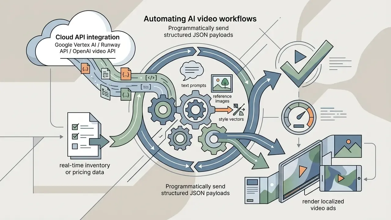 Conceptual diagram showing data flowing from cloud APIs through a gear system to render video advertisements
