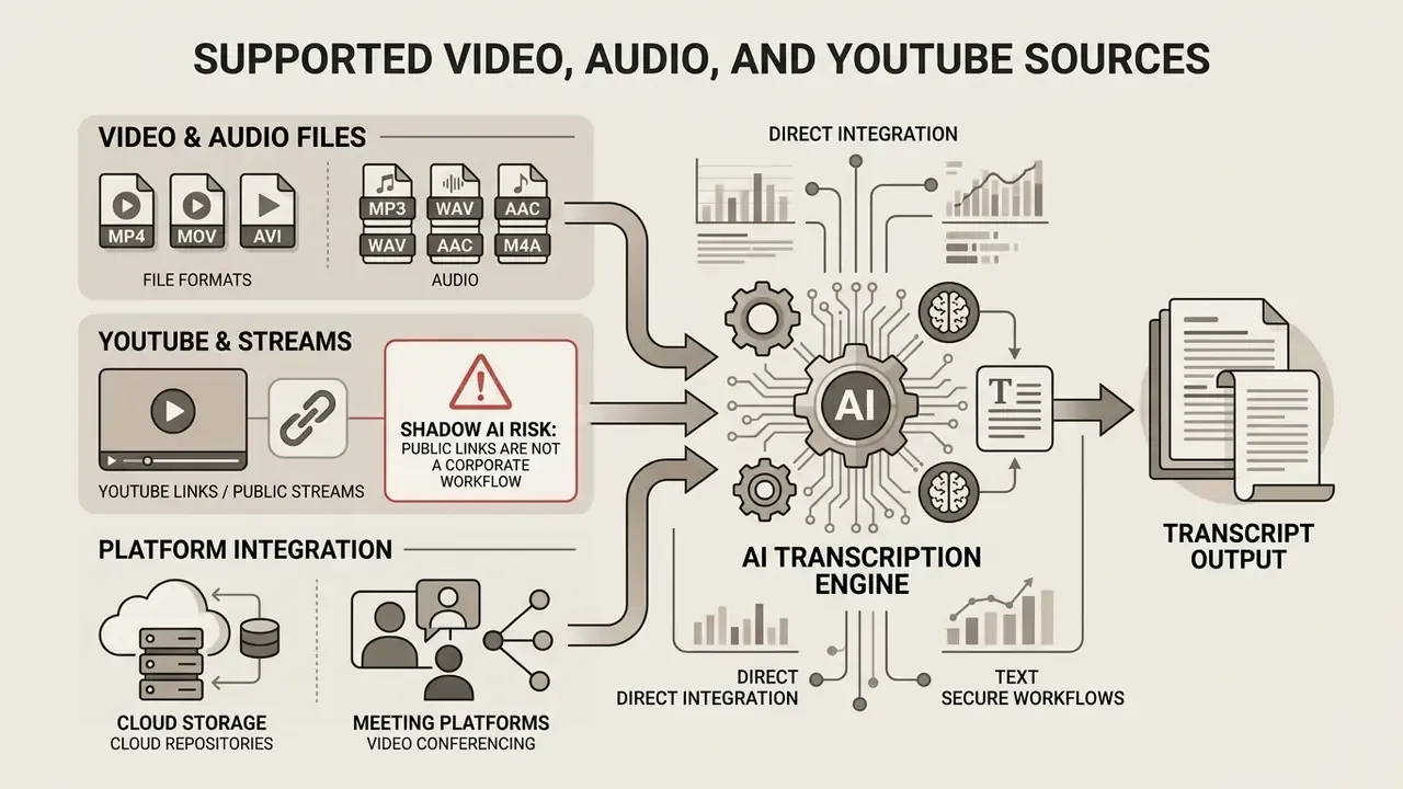 Diagram showing various media inputs and platform integrations feeding into an AI engine for text output