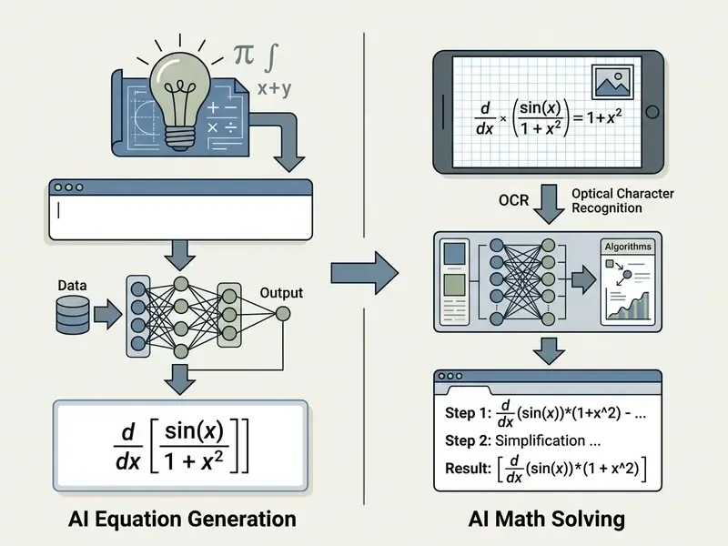 Flowchart comparing AI equation generation and the step-by-step process of an AI math solver