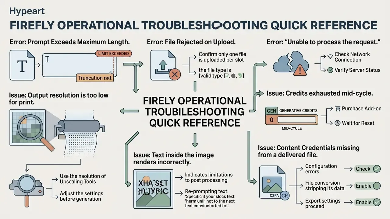 Infographic showing common error messages and resolution steps for Firefly generative tools