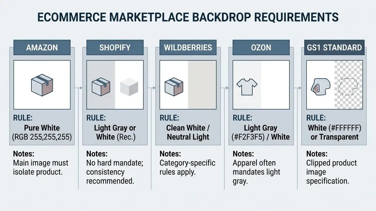 Comparison chart detailing specific background color requirements for major ecommerce marketplaces