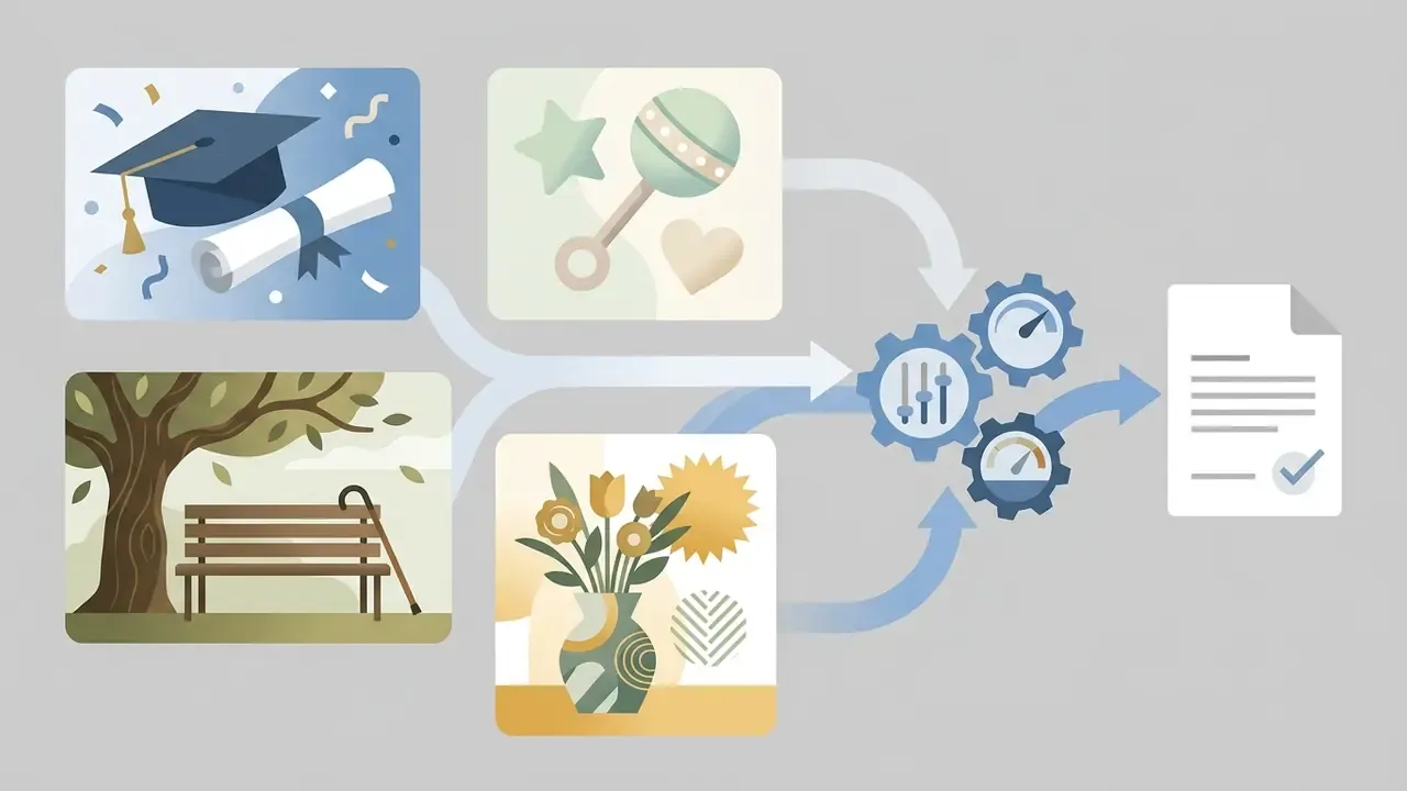 Life event icons funneling into a gear mechanism to produce a final document with a checkmark